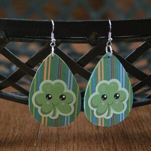 Hand Crafted Green Clover Teardrop Earrings with Smiling Face